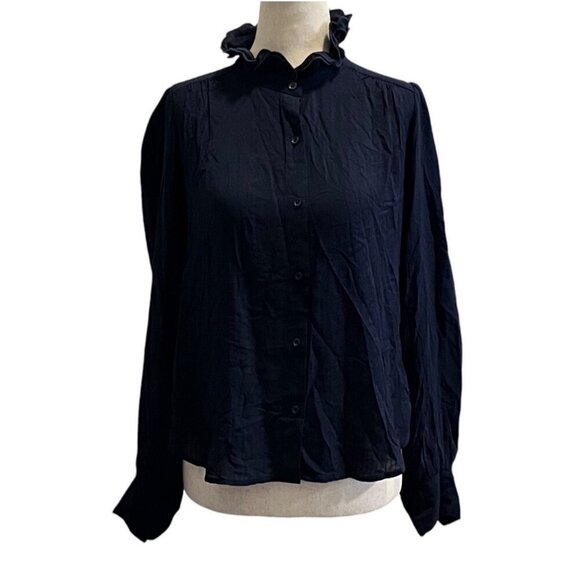 BANANA REPUBLIC WOMENS BUTTON DOWN RUFFLED BLOUSE NAVY BLUE SIZE XSMALL - Picture 9 of 9